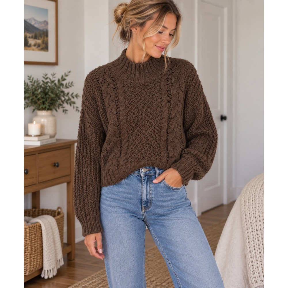 Universal Thread Chunky Brown Cable Knit Mock Neck Sweater Size M Fisherman